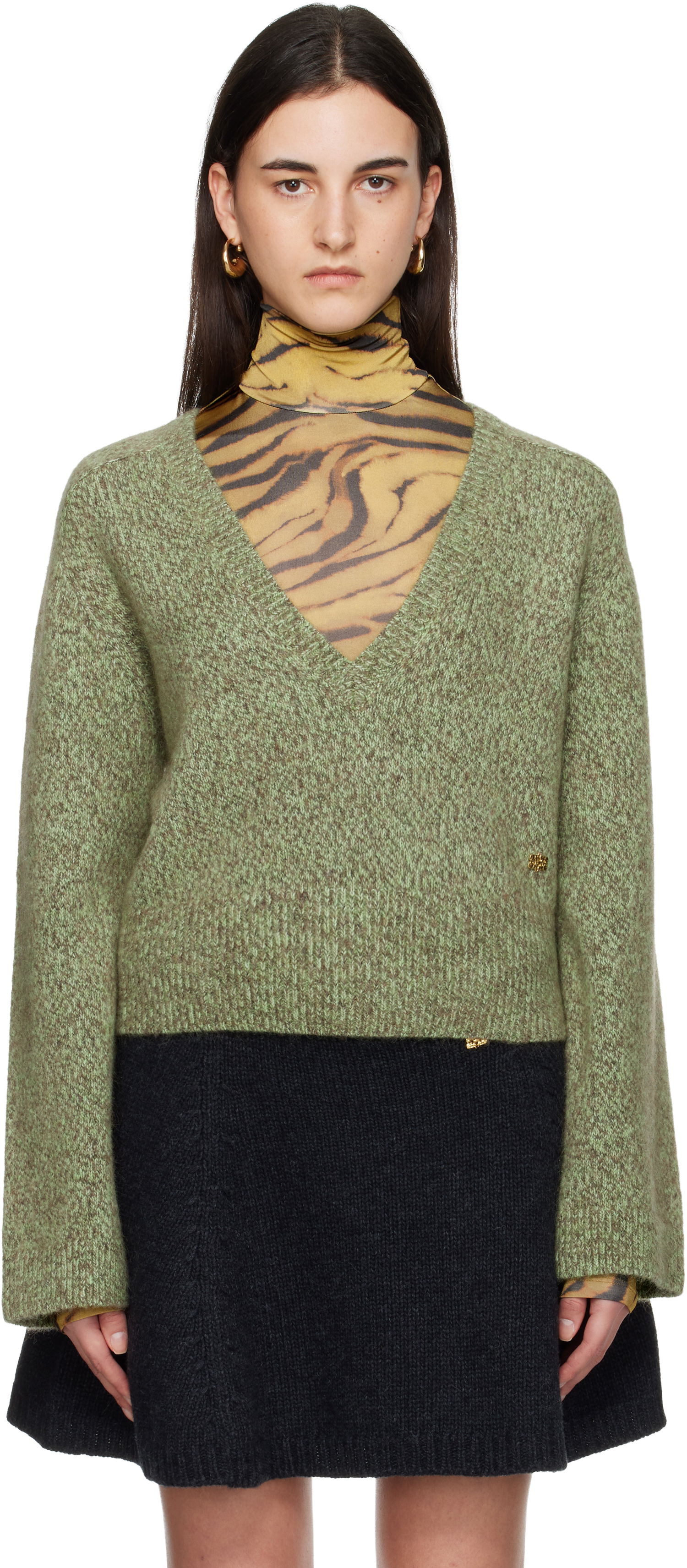 Sveter GANNI Brushed Mohair Mix Deep V-Neck Sweater Zelené | K2621, 0