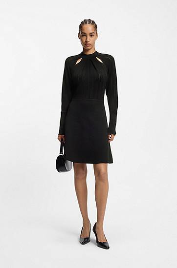 Šaty BOSS Knitted Skater Dress with Cut-Out Mock Neck and Ribbed Bodice Čierna | 50547906, 1