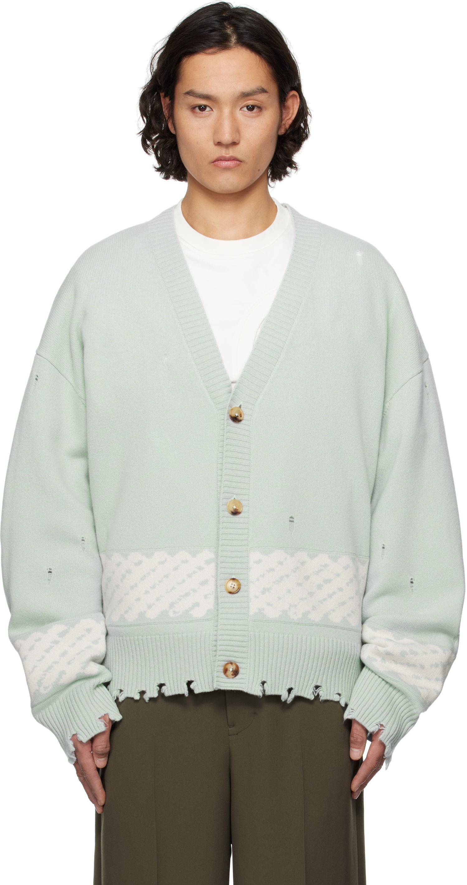 Sveter Feng Chen Wang Feng Chen Wang Ripped Jacquard Cardigan Zelené | FUS19KT06G, 0