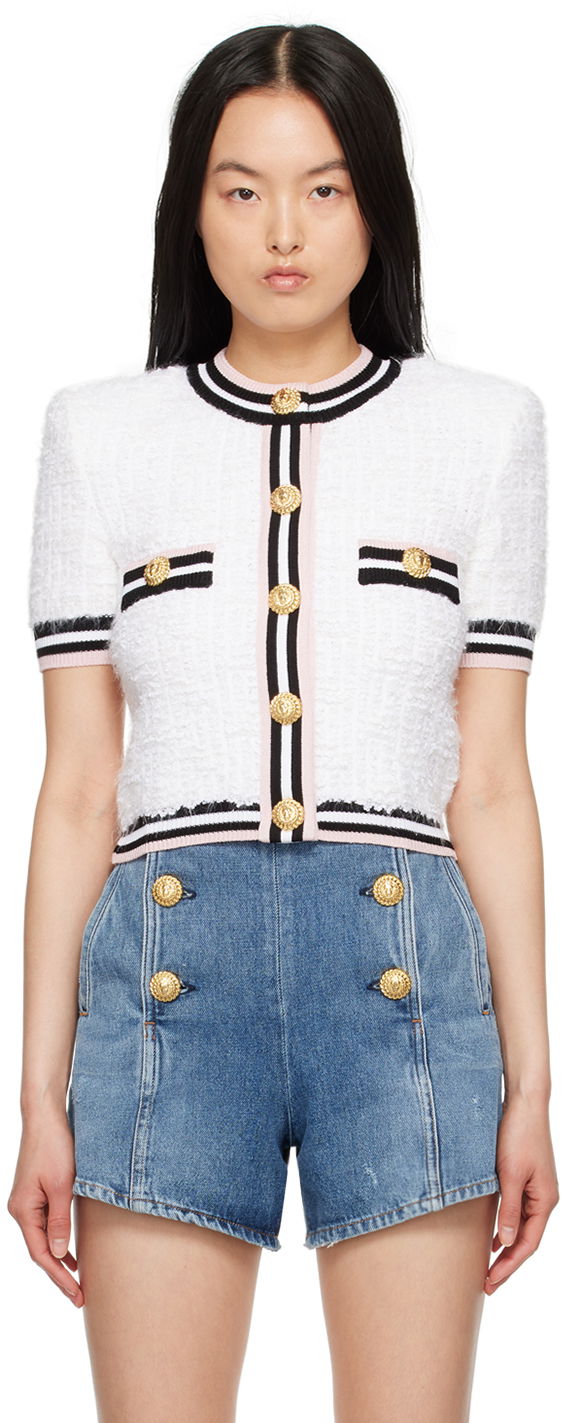Sveter Balmain Short Sleeve Button Up Cardigan Biela | CF0KL027KG15, 0