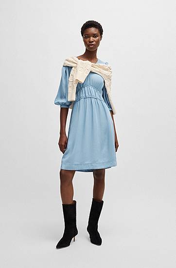 Šaty BOSS Puff-Sleeve Dress with Elasticated Waist Modrá | 50538357, 1