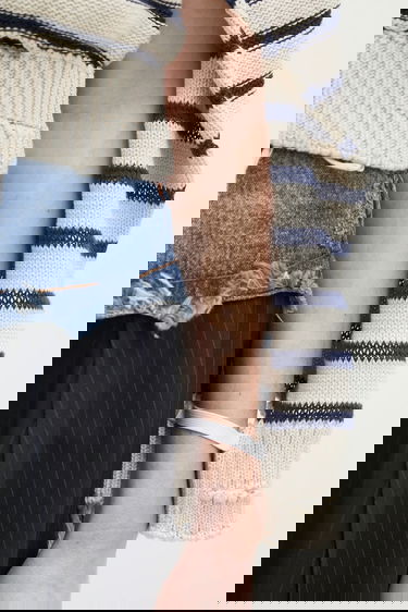 Sveter Maison Margiela Striped Distressed Cotton Cardigan with Cut-Out Sleeves Navy | S52HP0025, 4