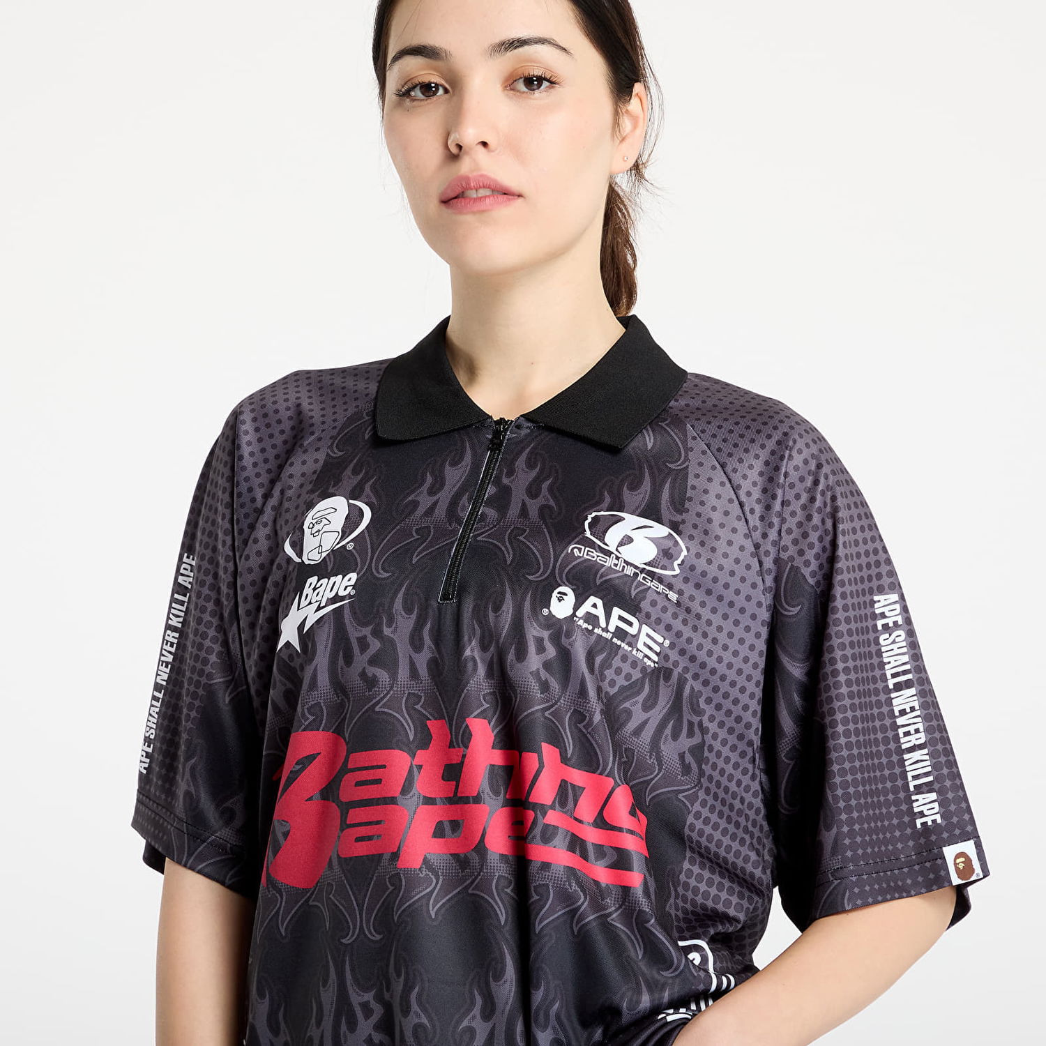 Polo tričko BAPE A BATHING APE Flame Pattern Overall Print Half Zip Relax Fit Polo Shirt Čierna | 001POL301304MBLK, 1