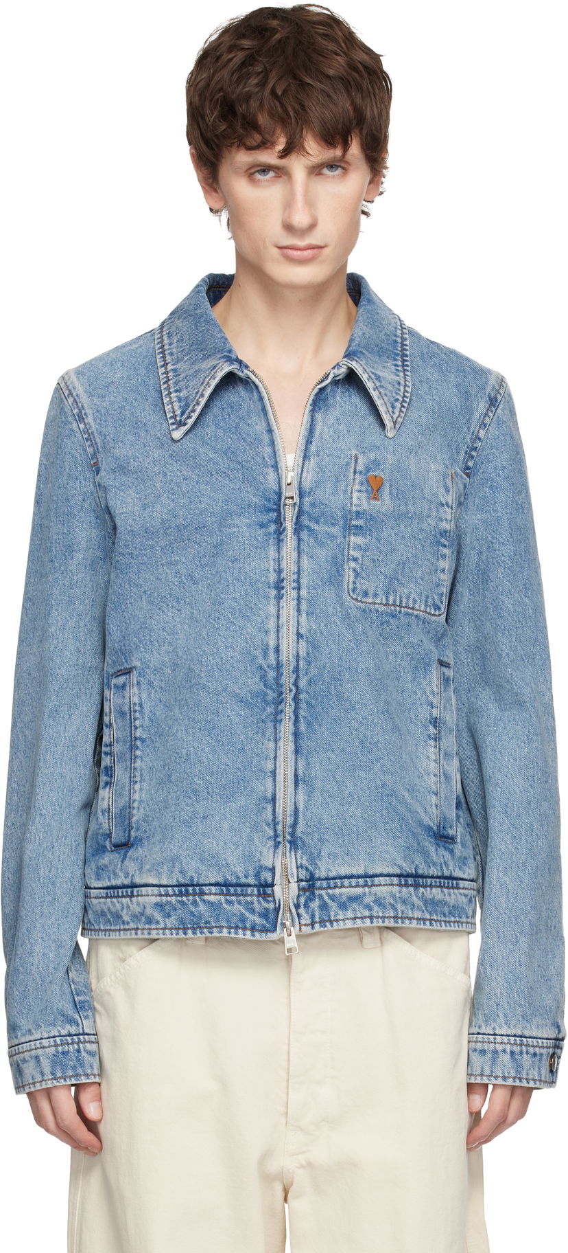 Bunda AMI Cotton Ami De Coeur Zipped Denim Jacket Modrá | H25HJK835.DE0046