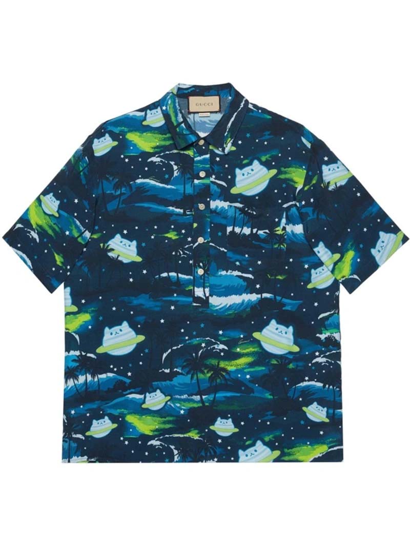 Košeľa Gucci Abstract-Print Short-sleeved Shirt Blue Modrá | 694143 ZAJAT 4606, 0