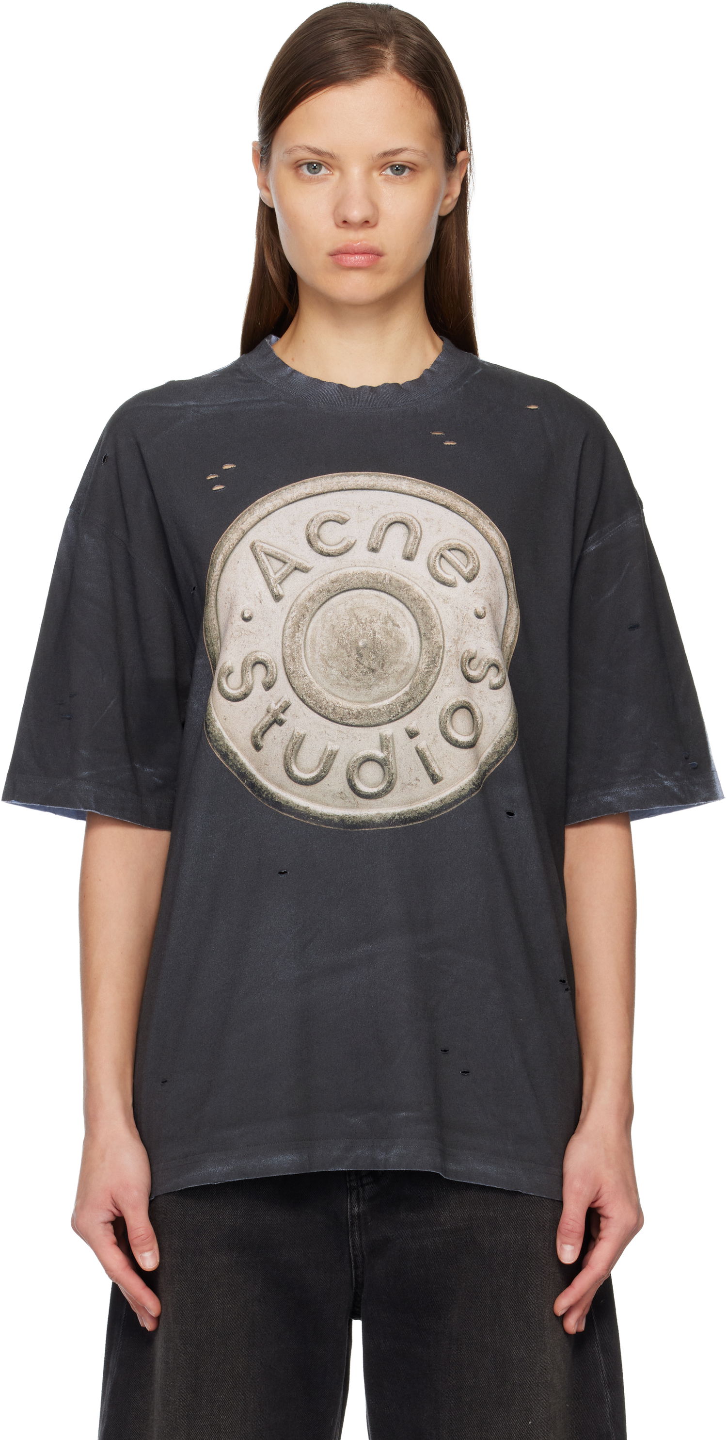 Tričko Acne Studios Acne Studios Distressed Oversized Medallion Logo T-shirt Čierna | CL0362-, 0