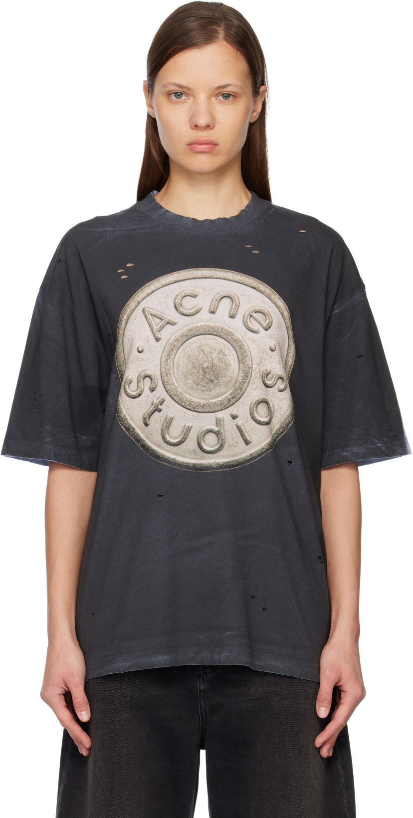 Tričko Acne Studios Acne Studios Distressed Oversized Medallion Logo T-shirt Čierna | CL0362-