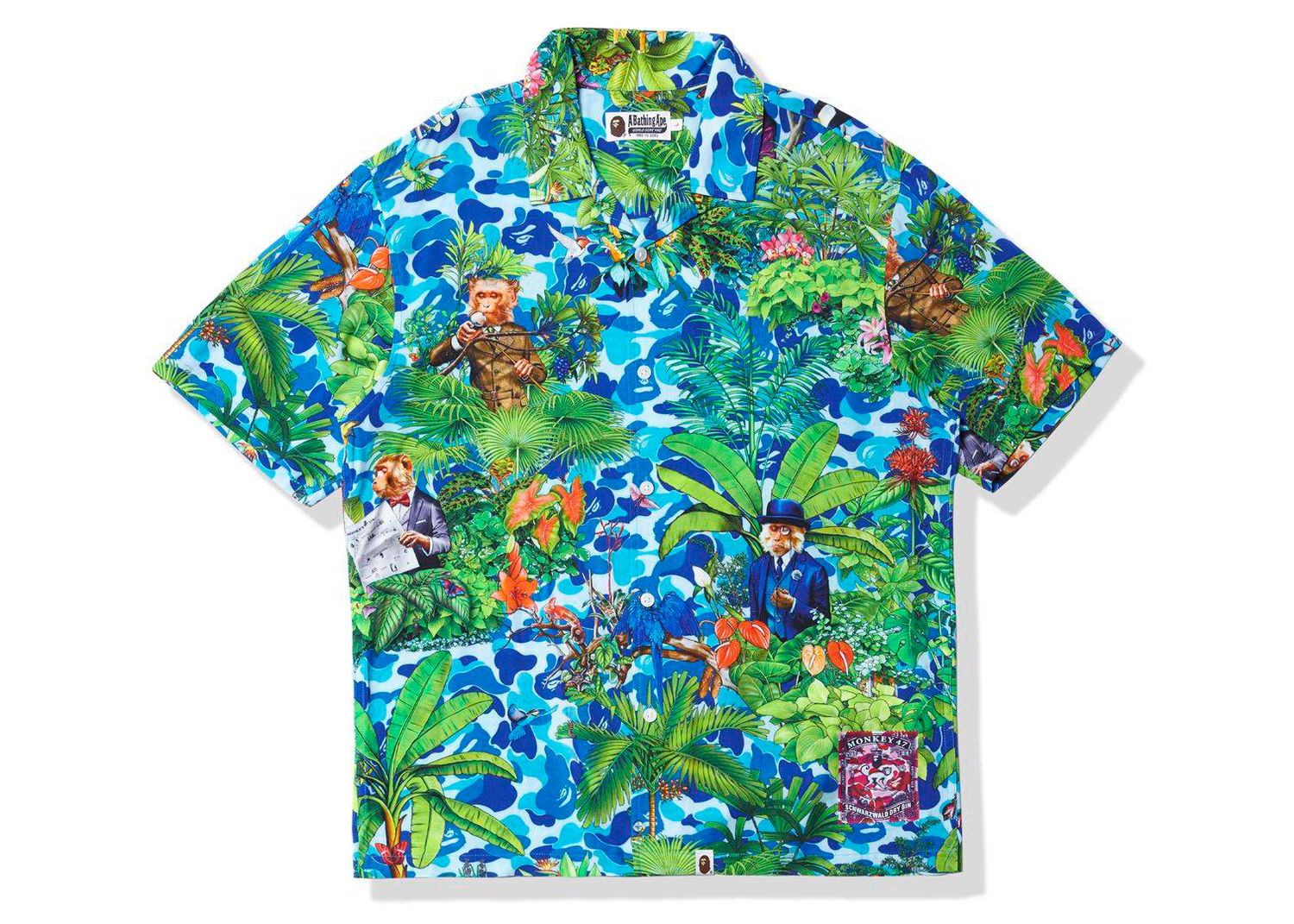Košeľa BAPE Monkey 47 x Open Collar S/S Shirt Blue Zelené | 1I23-132-901 BLU, 0