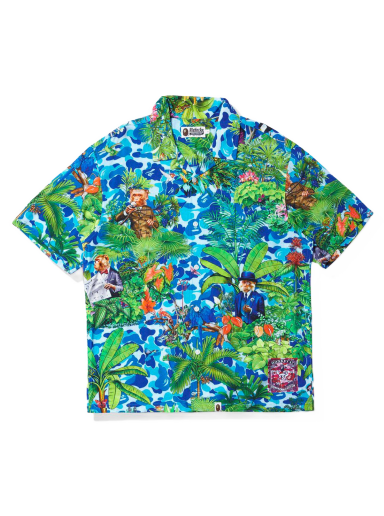 Košeľa BAPE Monkey 47 x Open Collar S/S Shirt Blue Zelené | 1I23-132-901 BLU