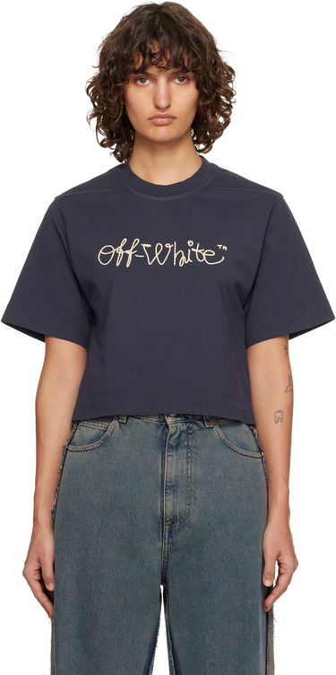 Crop Top Off-White Embroidered Script Logo Crop T-shirt Navy | OWAA090F25JER0034C19, 0
