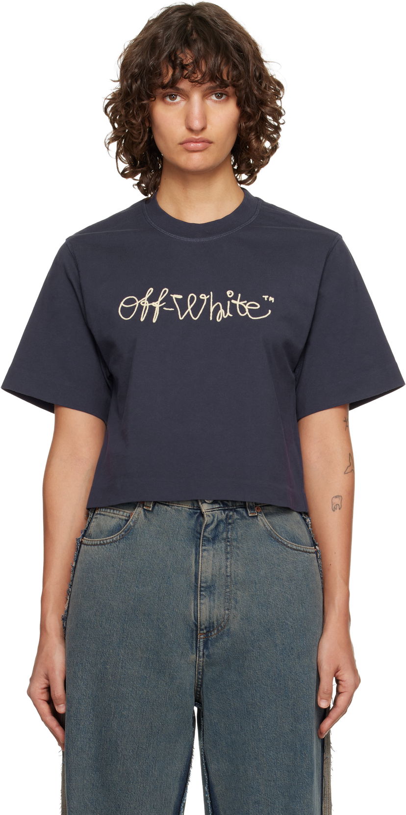 Crop Top Off-White Embroidered Script Logo Crop T-shirt Navy | OWAA090F25JER0034C19