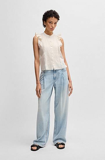 Košeľa BOSS Pleat-Front Cotton Muslin Blouse, Regular Fit Biela | 50540421, 1