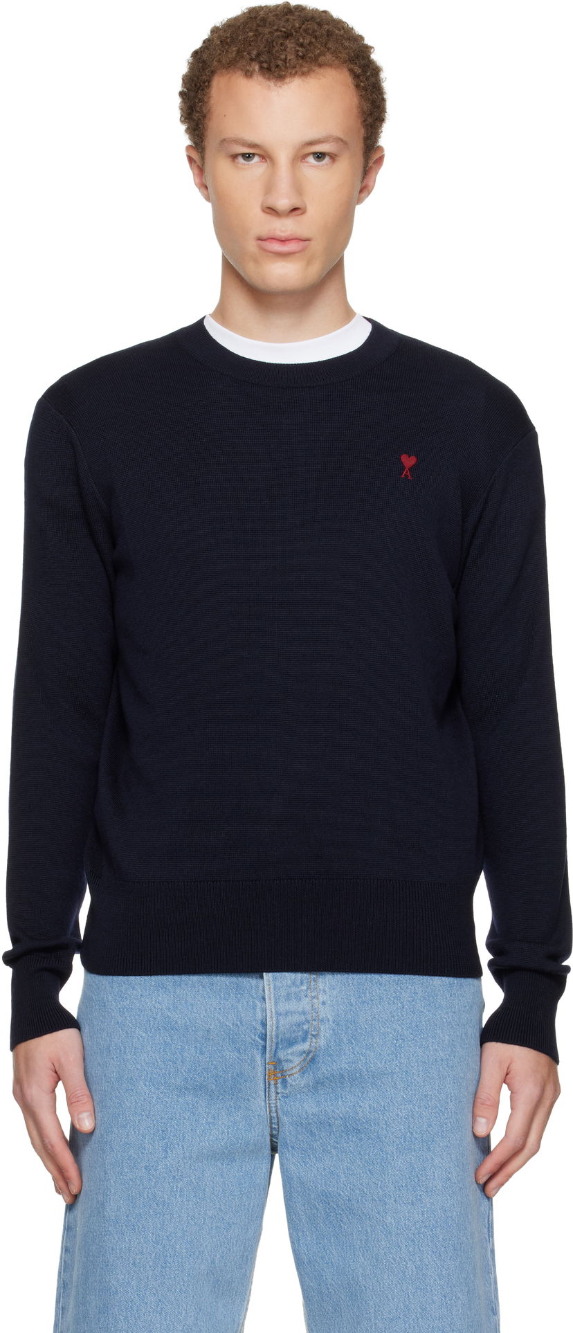 Sveter AMI Wool Ami De Coeur Crewneck Sweater Navy | H25HKS826.001