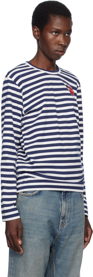 Sveter Comme des Garçons COMME des GARÇONS PLAY Striped Long Sleeve T-Shirt with Red Heart Emblem Navy | AX-T806-051, 1