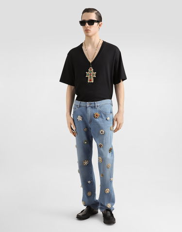Tričko Dolce & Gabbana Cotton V-Neck T-Shirt With Jeweled Cross Patch Čierna | G8QL3ZG7O4IN0000, 1