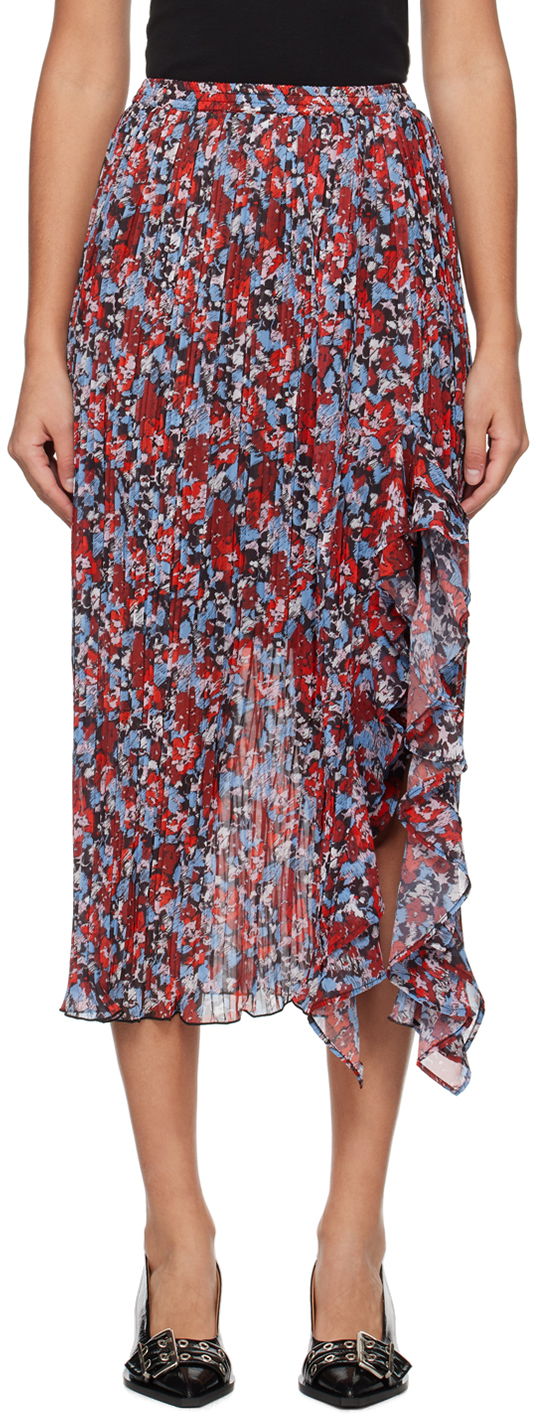 Sukňa GANNI Asymmetrical Floral Print Pleated Midi Skirt Červená | F9149, 0