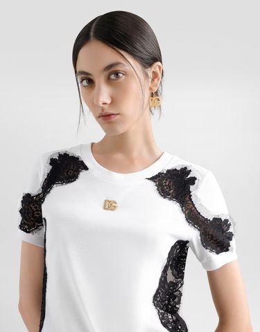 Tričko Dolce & Gabbana Dolce & Gabbana Jersey T-Shirt with Lace Details and DG Logo Biela | F8N08TGDB7US9002, 3