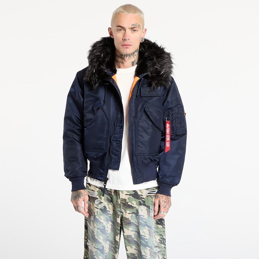 Bomber bunda Alpha Industries Hooded Custom Ultra Bomber Jacket with Faux Fur Trim and Orange Lining Navy | 113145-697