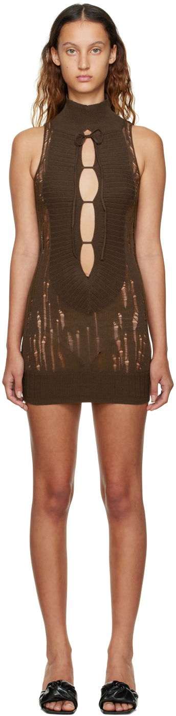 Šaty GUIZIO Guizio Distressed Knit Mini Dress Hnedá | KTD 2, 0