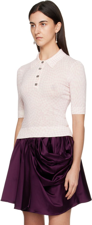 Polo tričko GANNI Sheer Cotton Checkered Knit Polo with Embellished Buttons Ružová | K2491, 3