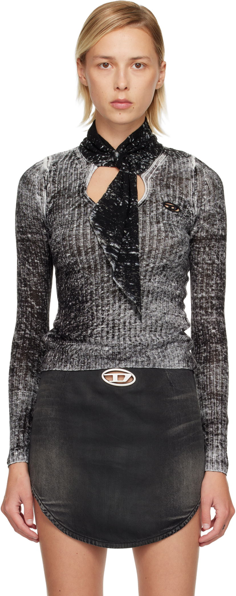 Sveter Diesel M-Elan Distressed Rib Knit Scarf-Neck Sweater Čierna | A18866 0BJBR