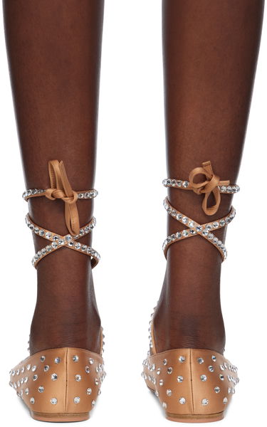 Šaty Amina Muaddi Amina Muaddi Ane Crystal Lace Up Ballerina Flats Béžová | ANE CRYSTAL LACE UP FLAT SATIN, 1