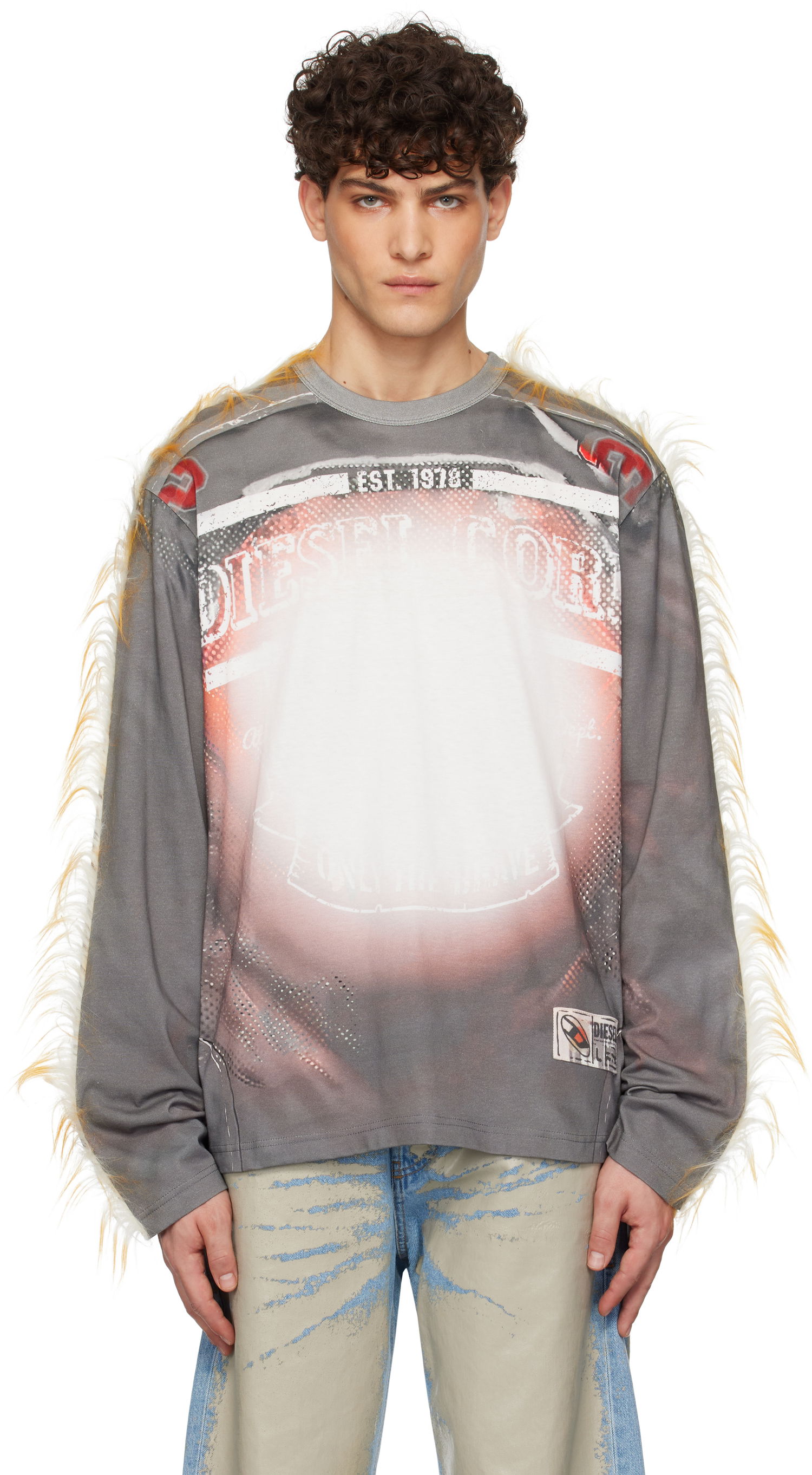 Tričko Diesel Long Sleeve Graphic T-Shirt With Faux Fur Detail Šedá | A16454-0EGBY-96PA, 0