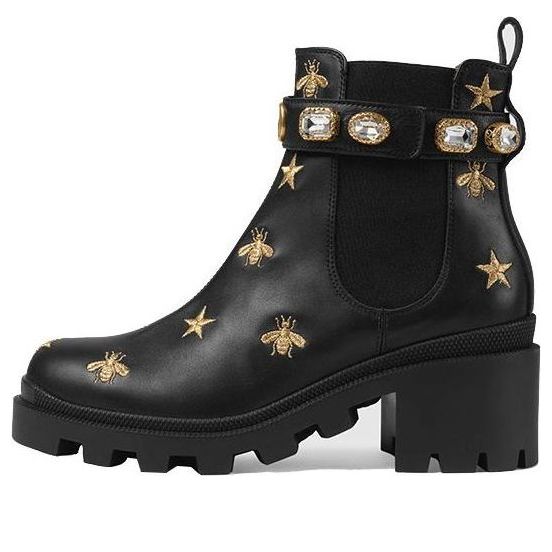 Tenisky a topánky Gucci Gucci Stars and Bee Embroidered Leather Ankle Boots with Belt Čierna | 557735-AYO10-1000, 0