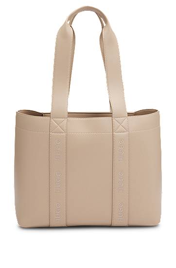 Tote bag BOSS Faux-leather tote bag with embroidered logos Béžová | 50547491, 0