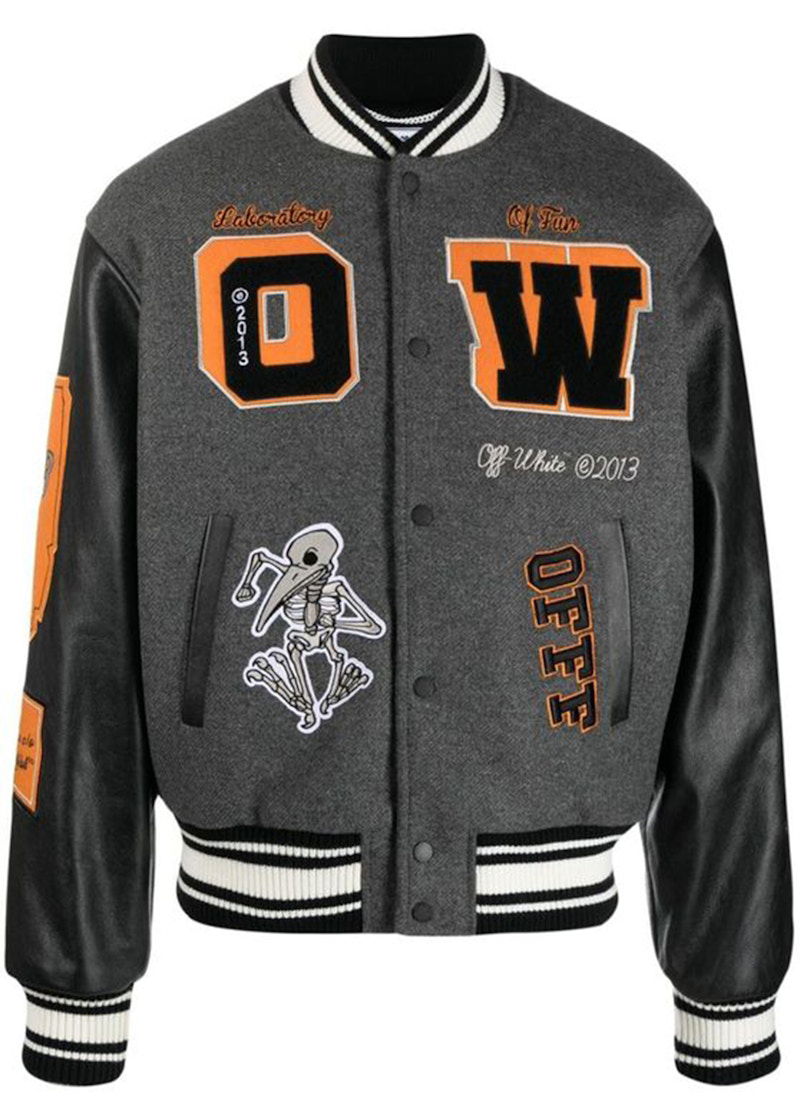 Bomber bunda Off-White Patch Embellished Varsity Bomber Jacket Medium Grey Yellow Black Čierna | OMJA059F21LEA0010684