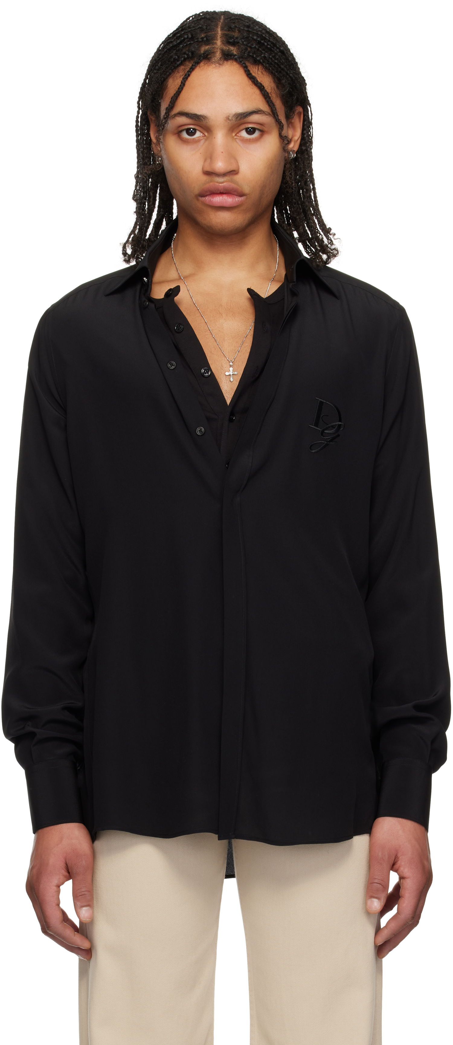 Košeľa Dolce & Gabbana Dolce&Gabbana Silk Logo Embroidered Shirt Čierna | G5MO1ZFU1UQ, 0