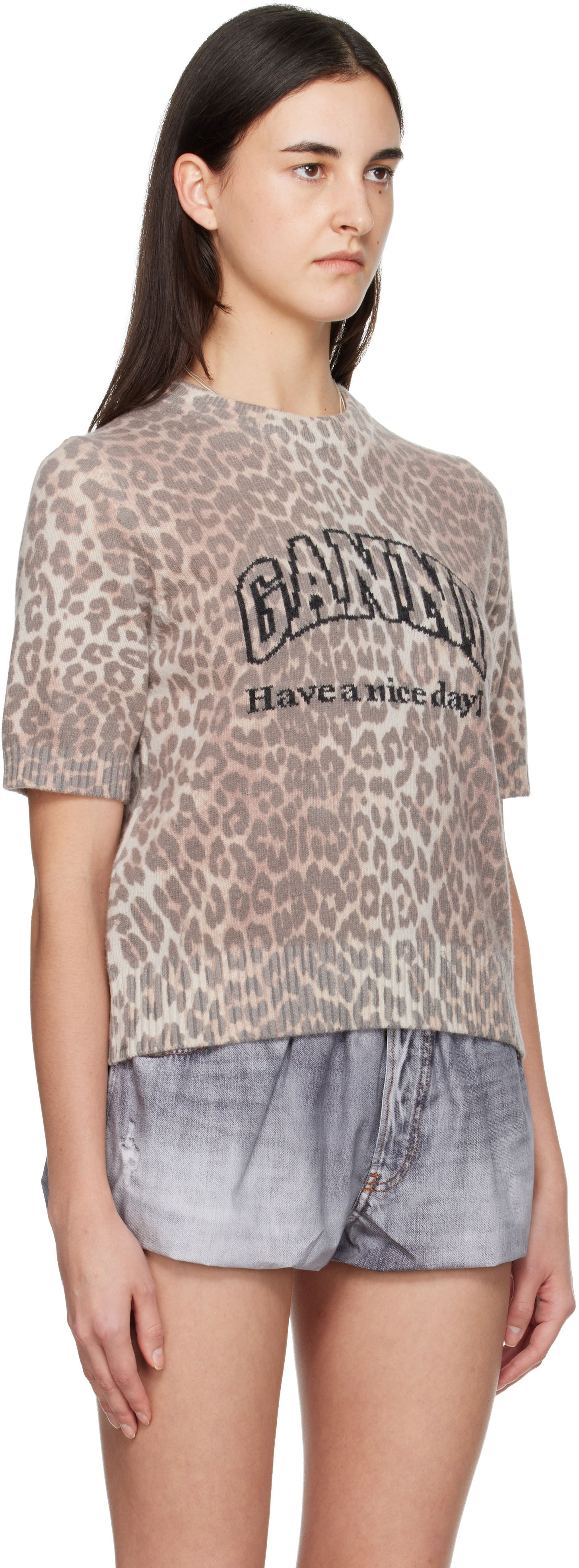 Tričko GANNI GANNI Leopard Print Short-Sleeve Knit Graphic T-shirt Rôznofarebný | K2500, 1