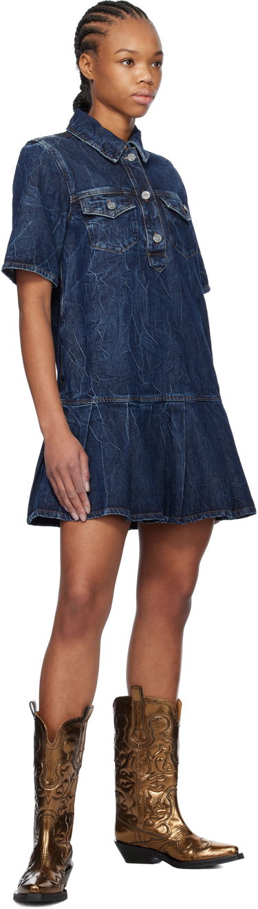 Šaty GANNI Ganni Crinkled Future Denim Mini Dress Modrá | J1594, 3
