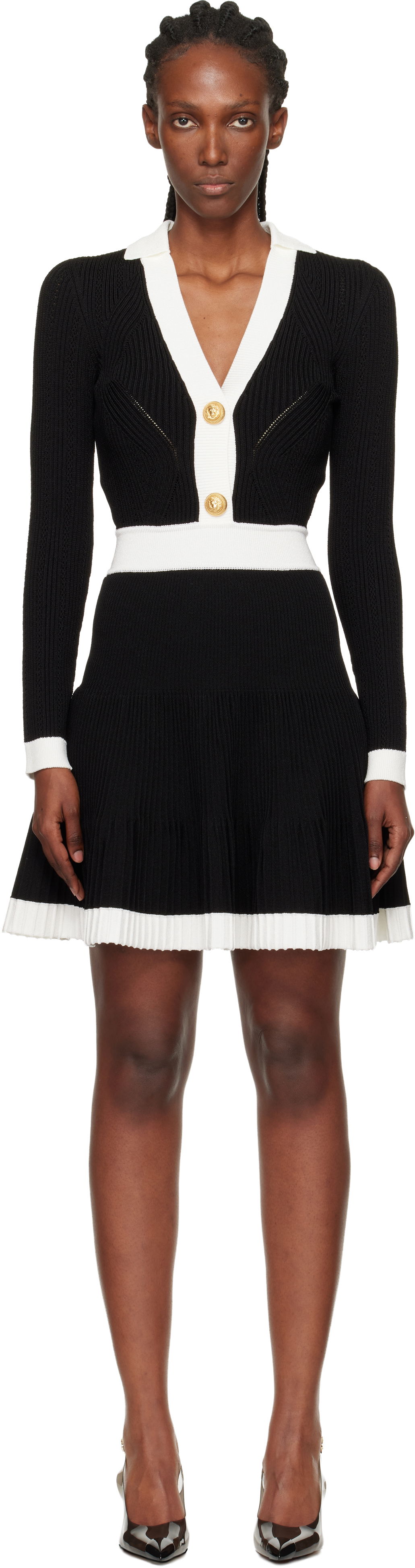 Šaty Balmain Pointelle V-Neck Long-Sleeve Button-Front Pleated Minidress Rôznofarebný | FF1R9858KI64, 0