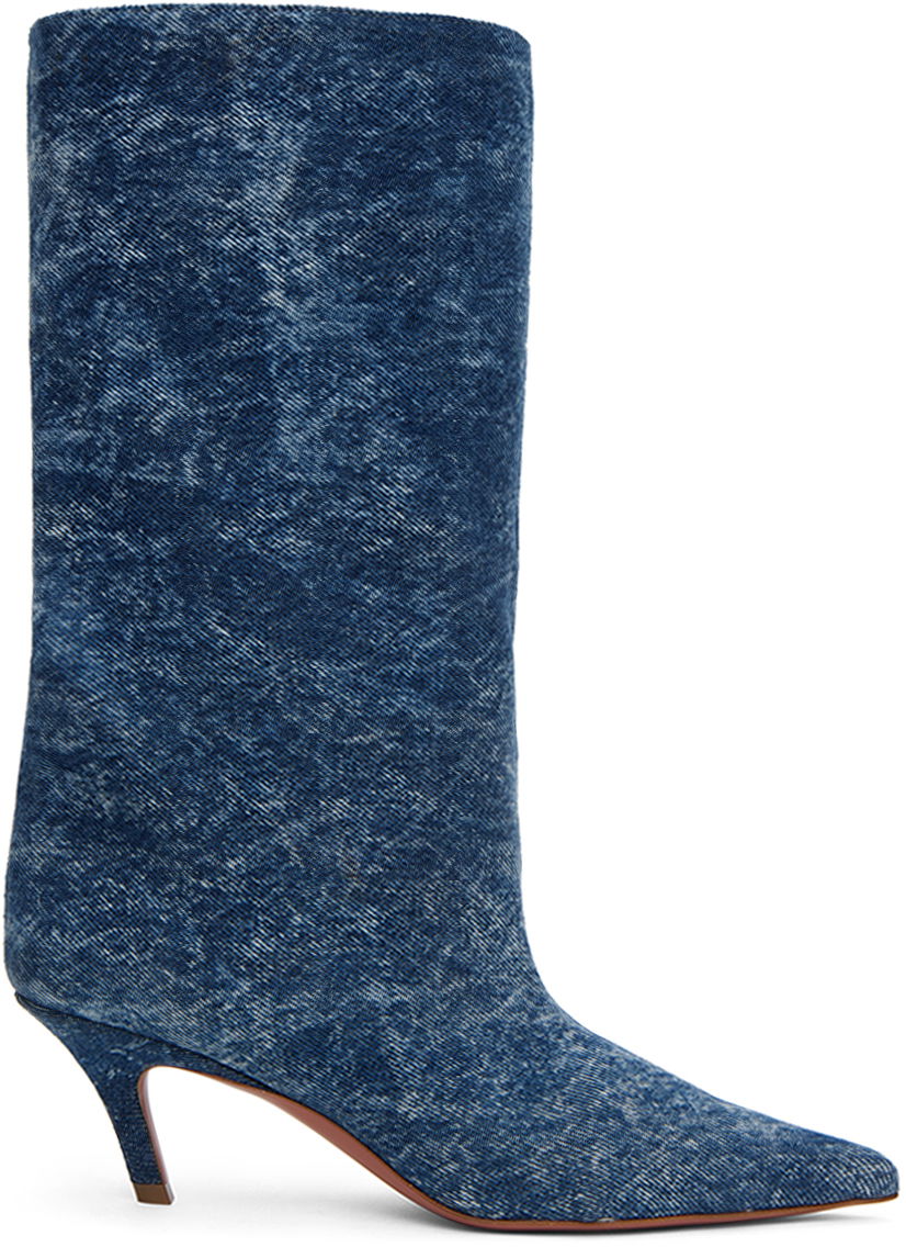 Kabelka Amina Muaddi Amina Muaddi Fiona 60 Denim Boots Modrá | FIONA BOOT SLANTED DENIM ACID, 0