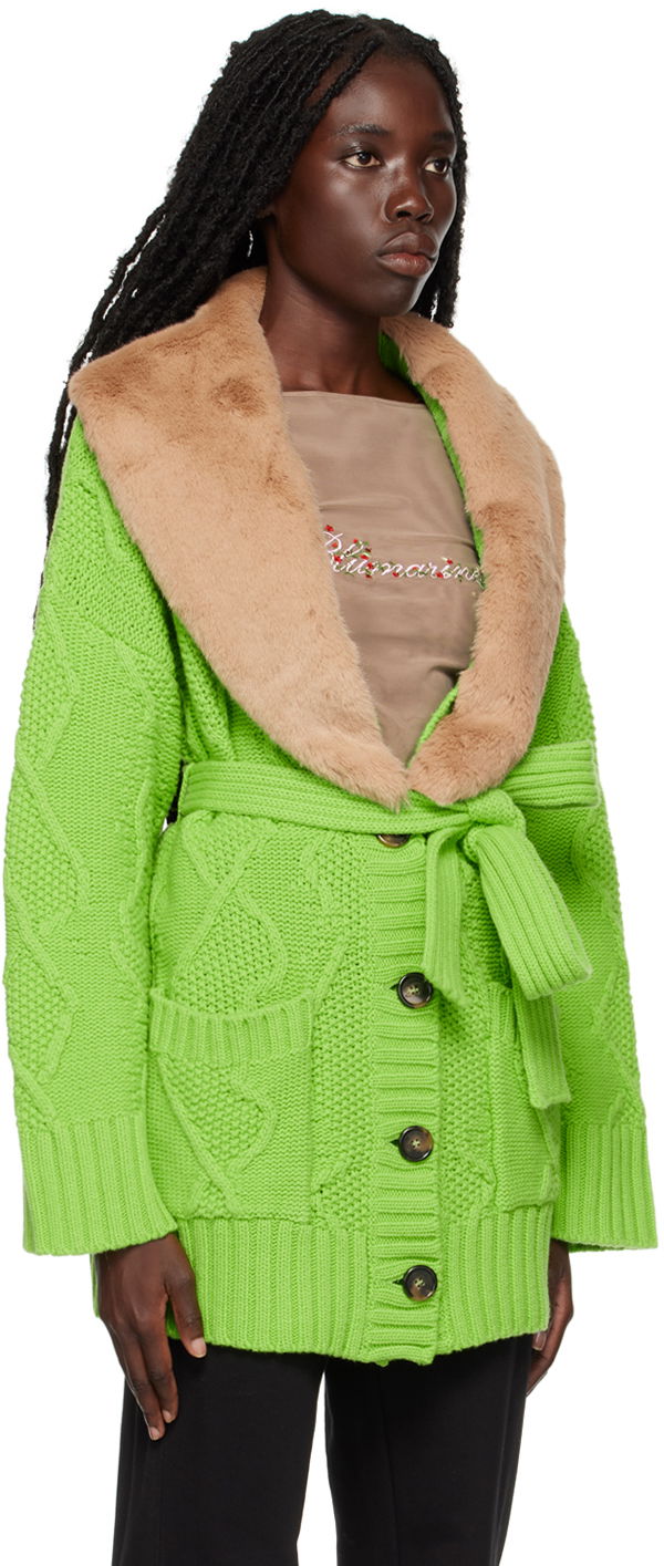 Bunda Blumarine Faux Fur Collar Cable Knit Cardigan Zelené | 2 M220A, 1
