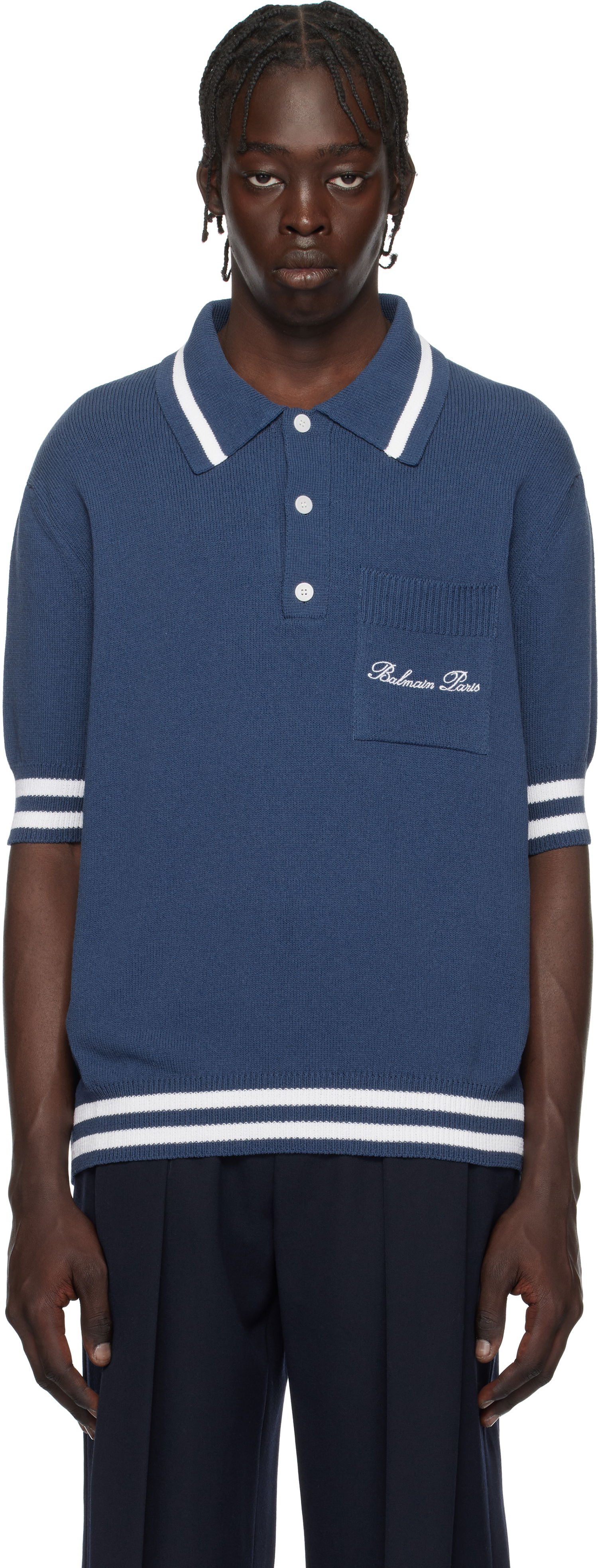 Polo tričko Balmain Cotton-Blend Knit Polo Shirt Modrá | EH1GB046KF96, 0