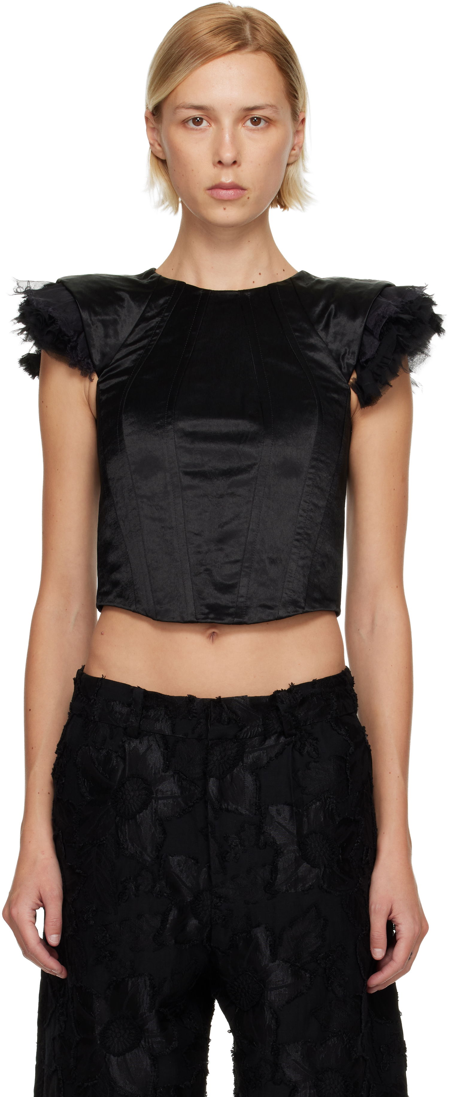 Crop Top Collina Strada Ava Cropped Bustier Top with Ruffled Cap Sleeves Čierna | XX3307, 0