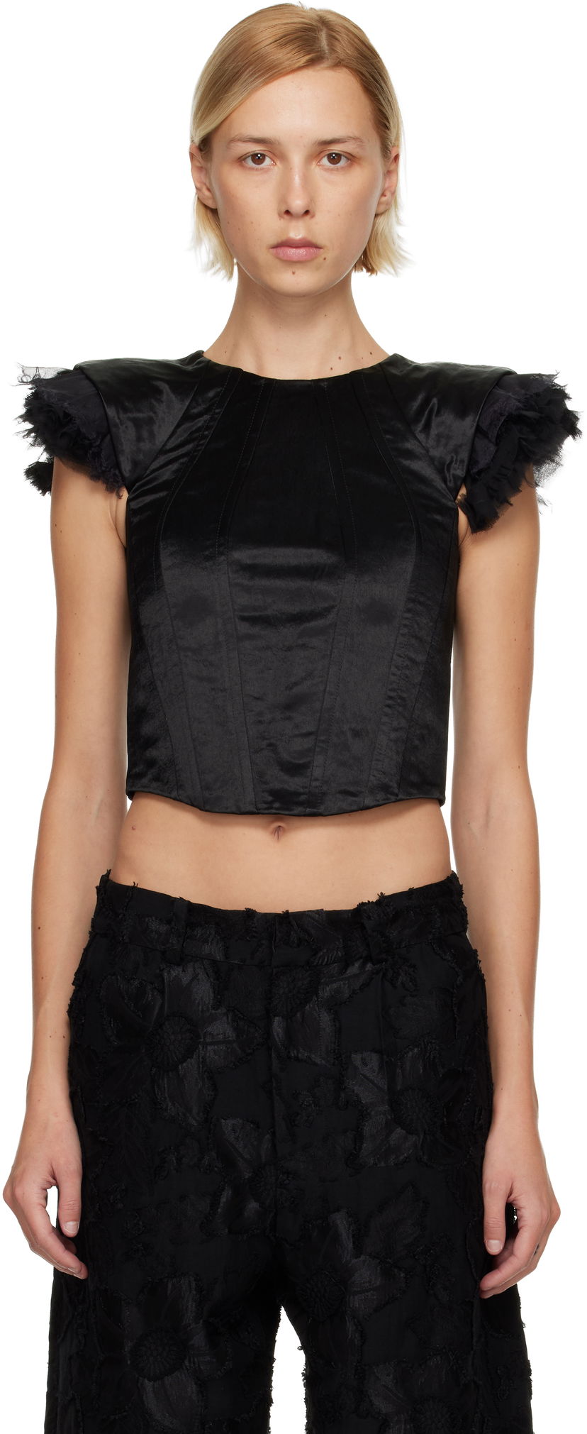 Crop Top Collina Strada Ava Cropped Bustier Top with Ruffled Cap Sleeves Čierna | XX3307