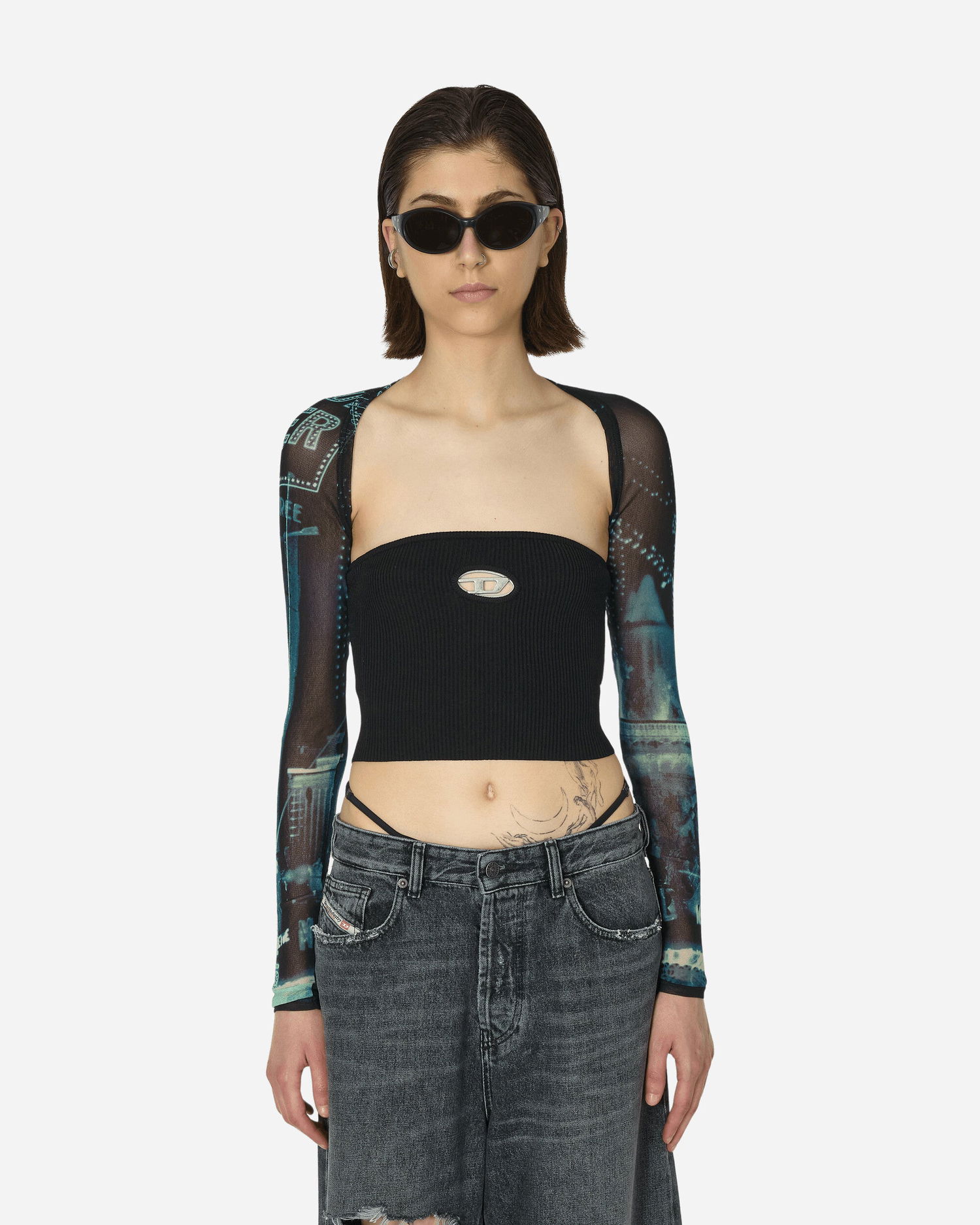 Crop Top Jean Paul Gaultier Printed Mesh Long Sleeve Shrug Čierna | TO207-T552 59560100, 0