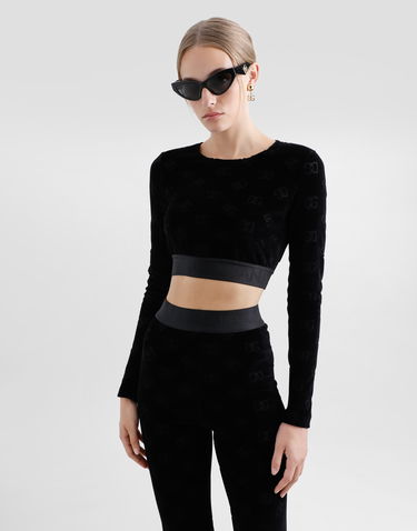 Crop Top Dolce & Gabbana Dolce & Gabbana Chenille Crop Top with Jacquard DG Logo Čierna | F778LTFJ7DLN0000, 3