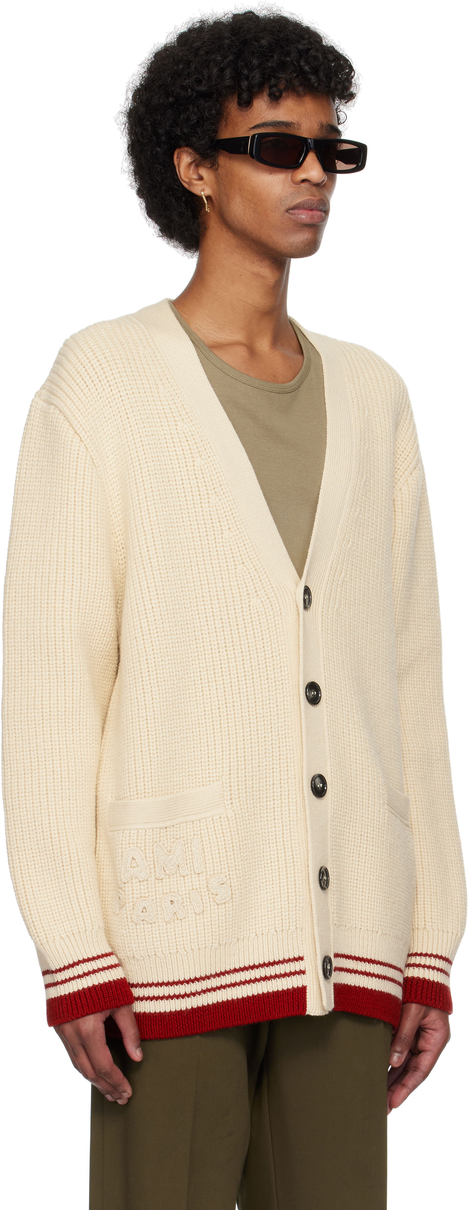 Sveter AMI AMI Paris Wool Ribbed Cardigan Béžová | UKC168.KN0068, 1