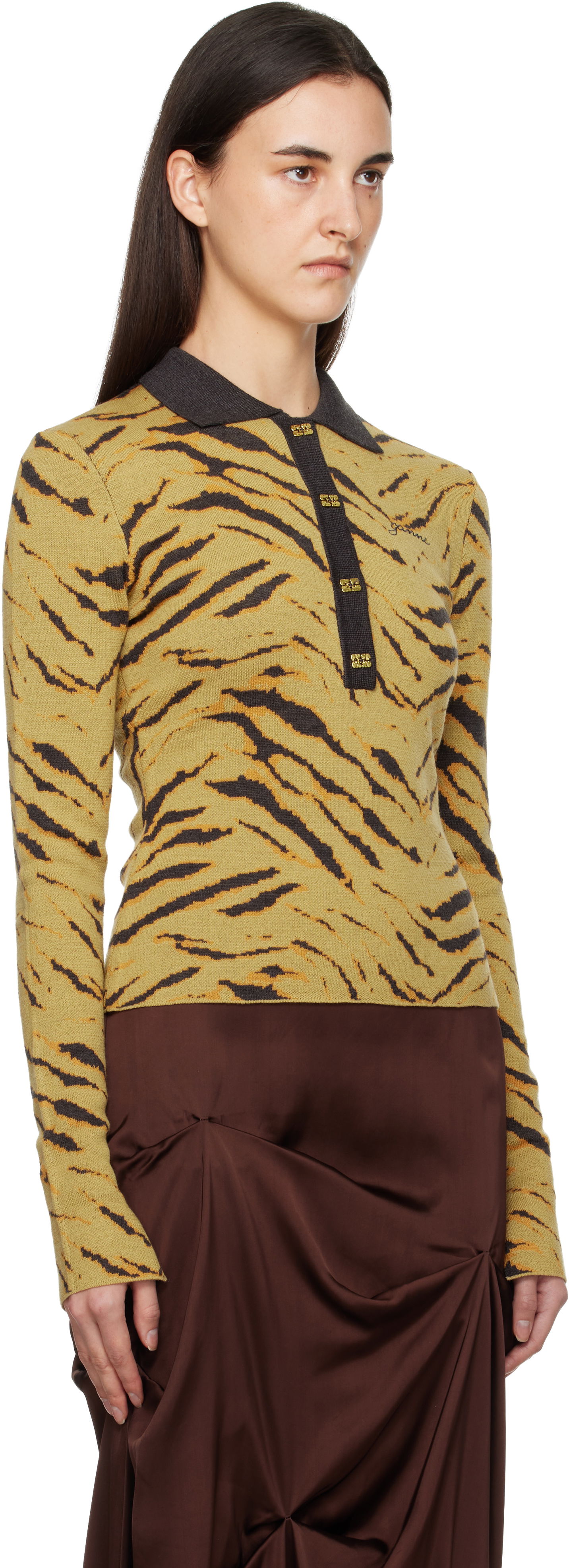 Polo tričko GANNI Fine Merino Jacquard Tiger Print Long Sleeve Polo Rôznofarebný | K2600, 1