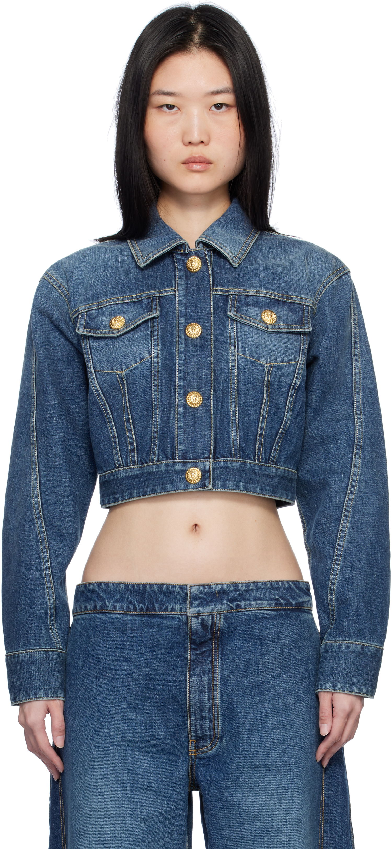 Bunda Balmain Cropped Faded Denim Jacket Modrá | EF1TC180DF65, 0