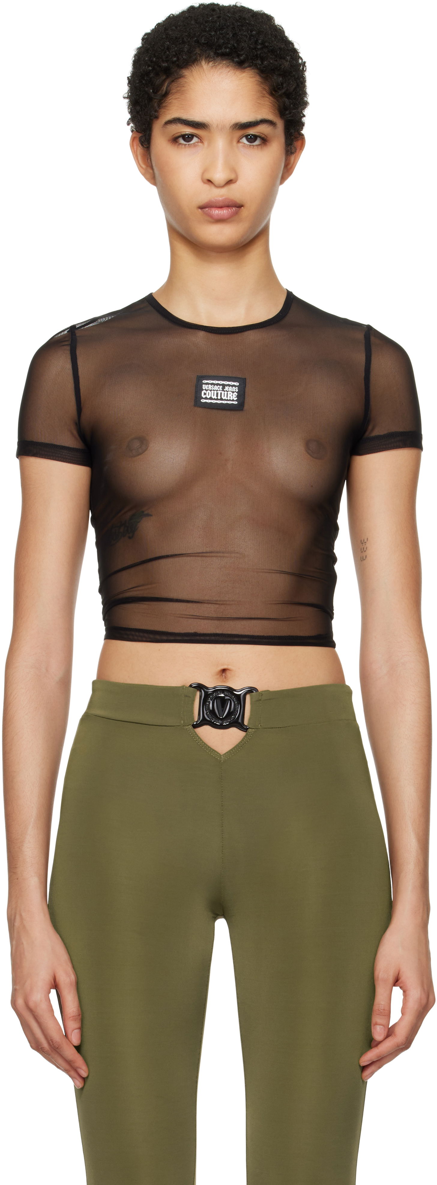 Crop Top Versace Mesh Crop T-Shirt Čierna | E77HAH6A2_EJ0035, 0