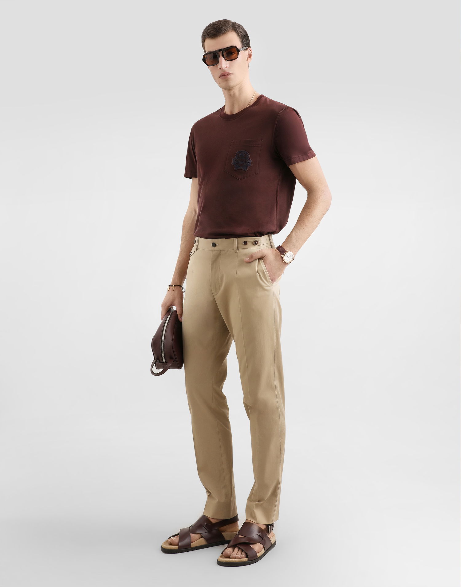 Tričko Dolce & Gabbana Cotton T-shirt with Crest Embroidery and Pocket Hnedá | G8RA2ZG7PZEM5039, 1