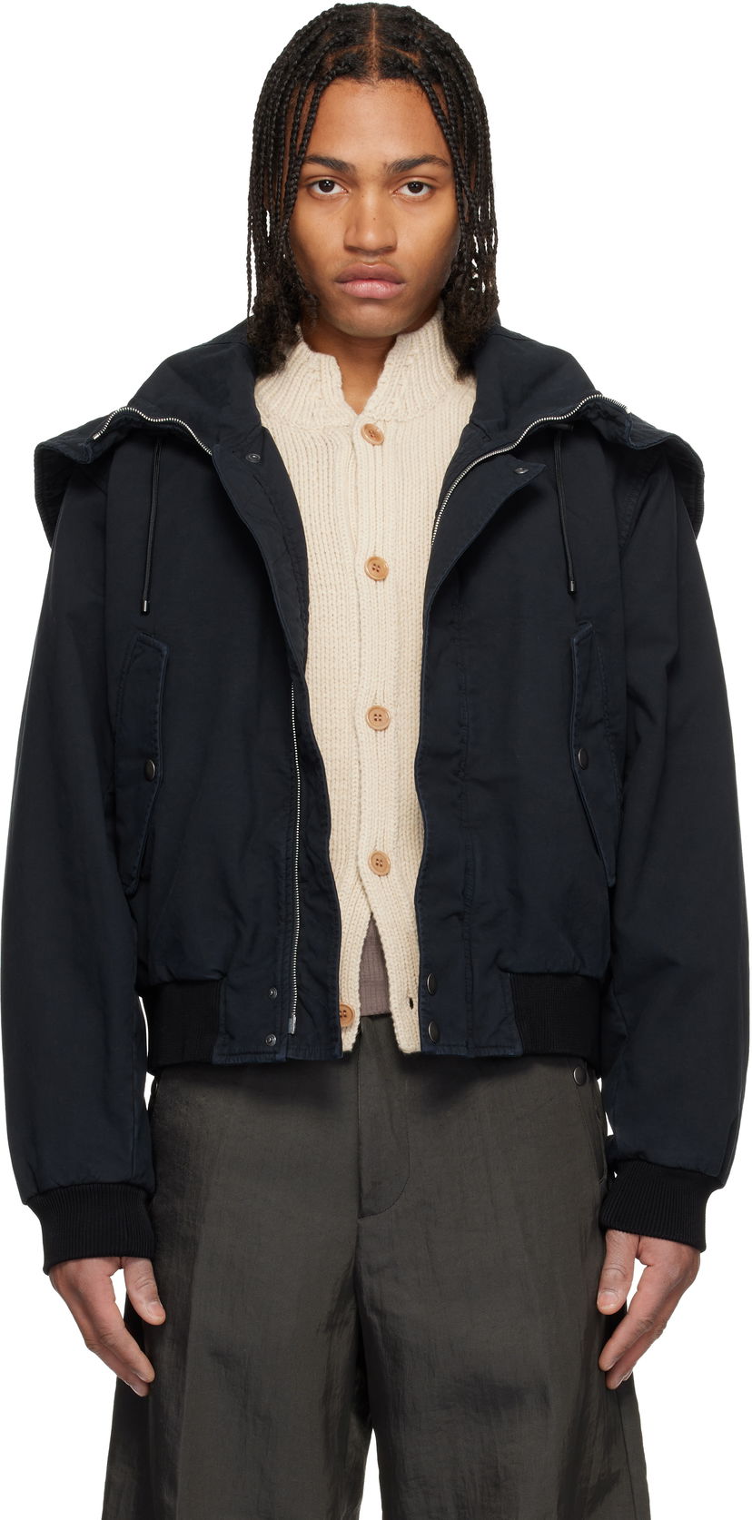 Bomber bunda Dries Van Noten Overdyed Hooded Bomber Jacket Navy | 252-020585-2101