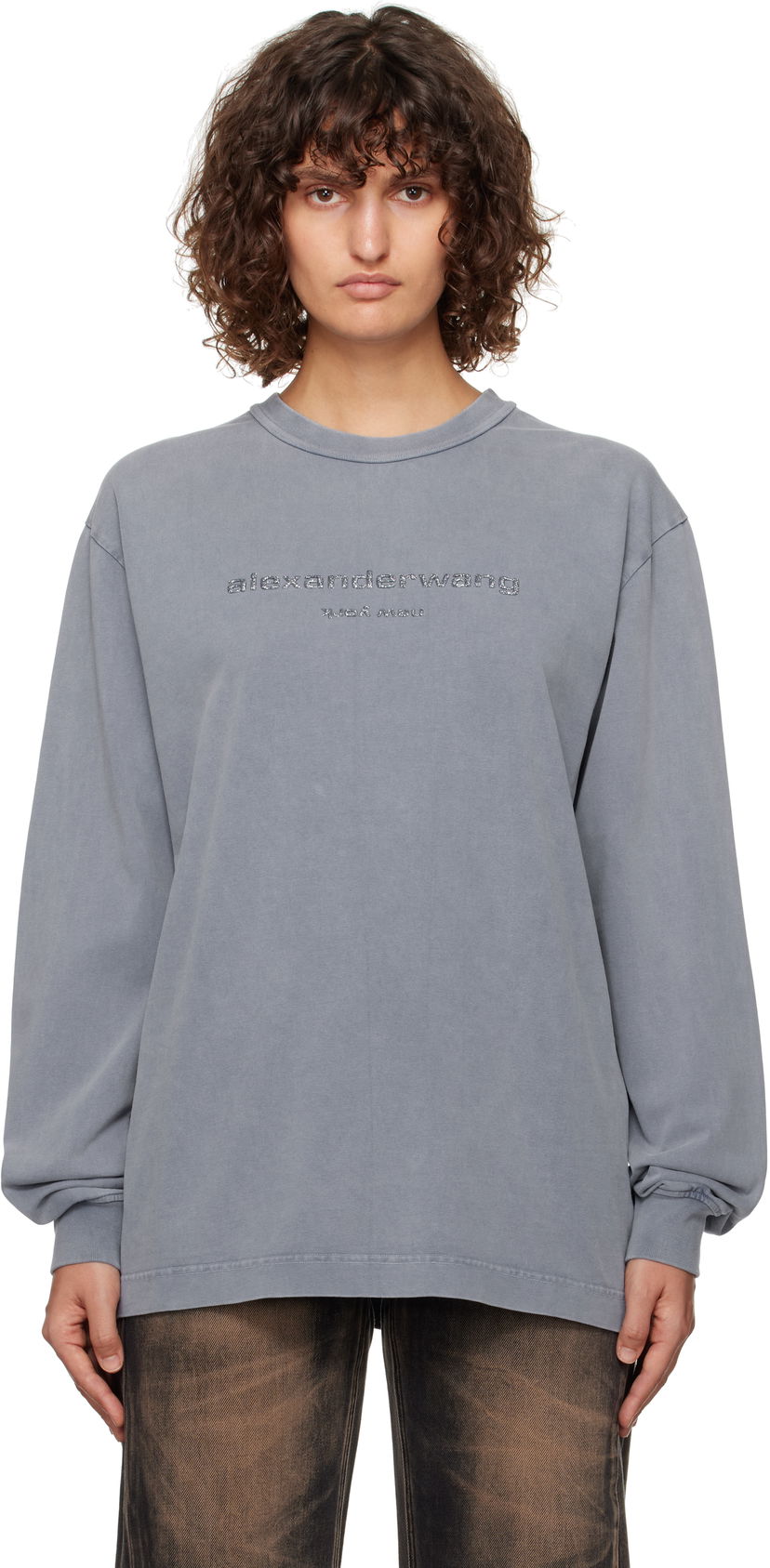 Tričko Alexander Wang Glitter Puff Logo Long-Sleeve Modrá | UCC4241745