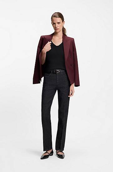 Tričko BOSS Structured Ribbed V-neck Elbow-Sleeve Top Čierna | 50542881, 1