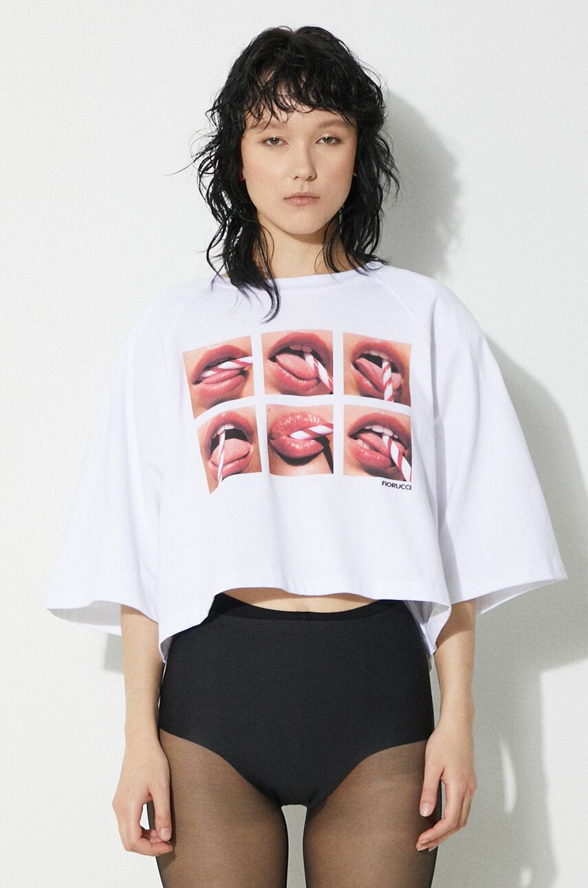 Crop Top Fiorucci Fiorucci Mouth Print Cropped T-Shirt Biela | U01FPTSH106CJ01WH01, 0